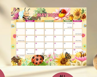 Editable May 2026 Calendar Monthly Planner for Kid School Work Office Spring Cute flower Calendar Printable Instant Download w/Holidays Moon