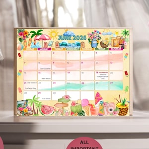 Calendario editable de junio de 2026. Planificador mensual para niños, escuela, trabajo, oficina, verano, piscina, playa. Calendario imprimible de descarga instantánea con días festivos y luna.