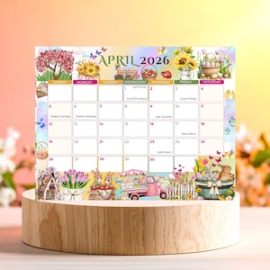 Calendario de abril de 2026 editable, planificador mensual para niños, escuela, trabajo, oficina, primavera, Pascua, imprimible, descarga instantánea con días festivos y luna.