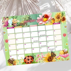 Editable August 2026 Calendar Monthly Planner for Kid School Work Office Summer flower Calendar Printable Instant Download w/Holidays Moon