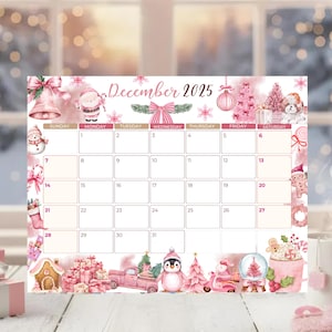 Könnte beinhalten: Ein rosa-weißer Dezember 2025 Kalender mit festlichen Illustrationen. Der Kalender hat ein Rasterlayout mit Daten und Wochentagen. Dekorative Elemente sind Schneeflocken, ein Weihnachtsmann und ein Weihnachtsbaum.