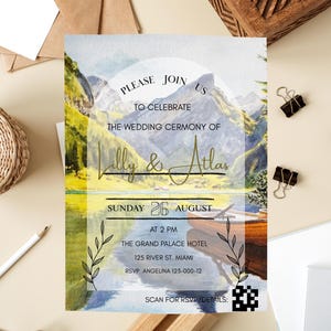 Rustic Mountain Wedding Invitation | Forest Adventure Invite w/ QR Placeholder | Editable Canva Template | Instant Download