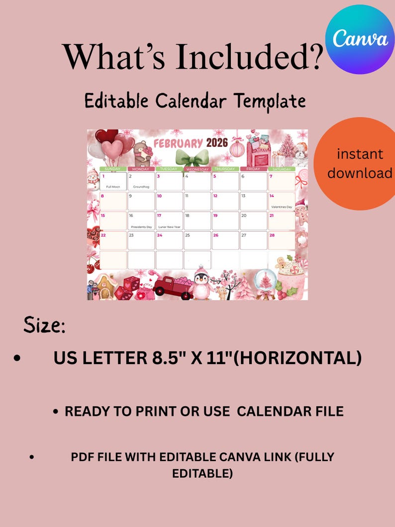 Editable February 2026 Calendar Monthly Planner for Kids School Work ...