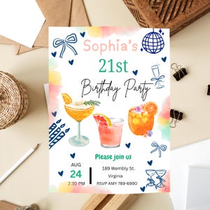 21st Birthday Invitation: Glam Cocktail Party, Pink Martini (Canva Template, Digital Download)