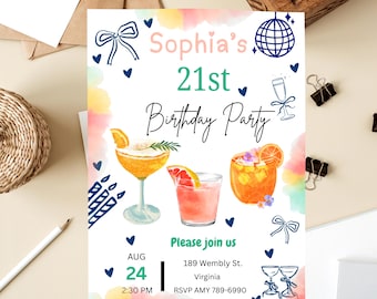 21st Birthday Invitation: Glam Cocktail Party, Pink Martini (Canva Template, Digital Download)