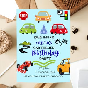 Editable Car Theme Birthday Invitation | Boys Birthday Party Invite | Instant Download Race Car Invite | Red & Yellow Cars