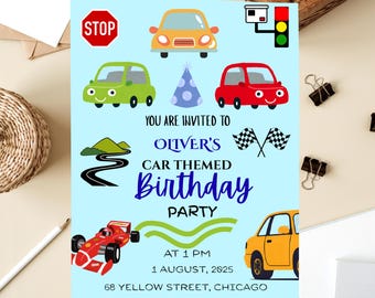 Editable Car Theme Birthday Invitation | Boys Birthday Party Invite | Instant Download Race Car Invite | Red & Yellow Cars