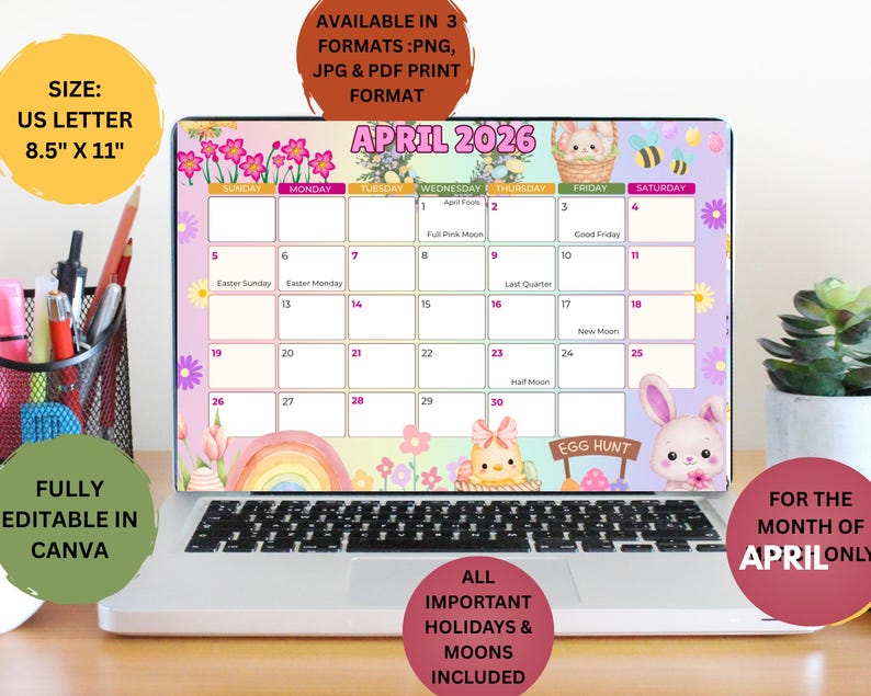Editable April 2026 Calendar Pastel Happy Easter Cute Bunny Printable ...