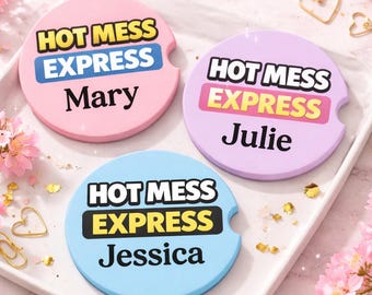 Personalized Hot Mess Express Car Coaster | Pastel Ceramic Drink Holder