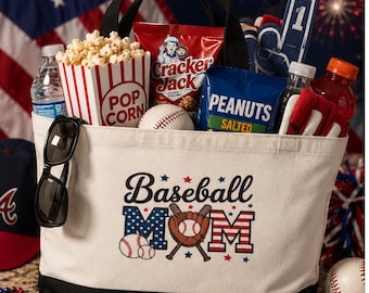 Personalized Baseball Mom Tote Bag | Patriotic Game Day Canvas Bag