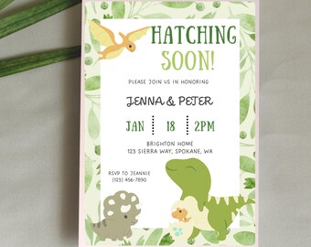 May include: A baby shower invitation with a dinosaur theme. The invitation features the text "Hatching Soon!" and includes the names Jenna & Peter, the date January 18th at 2 PM, and RSVP information.