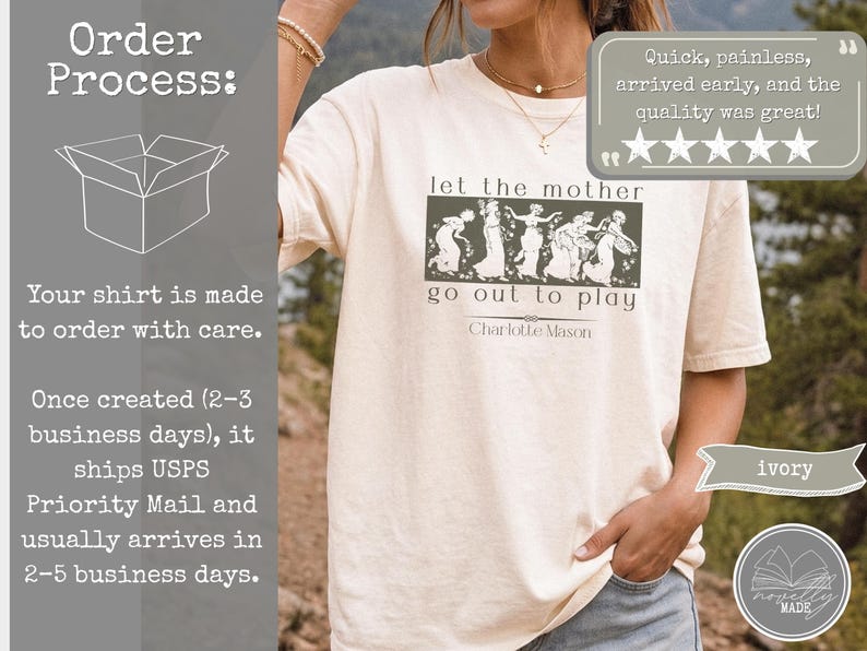 May include: An ivory short-sleeve t-shirt featuring a dark green rectangular graphic with a line drawing of five figures and the text "let the mother go out to play" followed by the name "Charlotte Mason" in a dark green serif font.