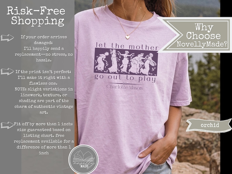 May include: A light purple t-shirt featuring a dark purple rectangular graphic with a line drawing of five figures dancing. The text reads, let the mother go out to play, followed by the name Charlotte Mason in a dark purple script font.