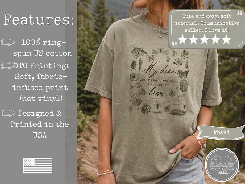 Pu&ograve; includere: Una t-shirt a maniche corte color kaki con una stampa grafica scura di vari insetti, foglie e conchiglie che circonda il testo: My dear you have come here to learn to live. La maglietta presenta un girocollo e una vestibilit&agrave; ampia e naturale.