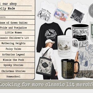 May include: A collection of literary-themed merchandise including white t-shirts with book illustrations, a black sweatshirt with Edgar Allan Poe text, a black tote bag, and several ceramic mugs featuring classic book titles and vintage-style graphics.