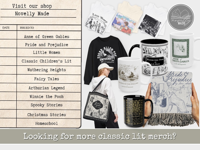 May include: A collection of literary-themed merchandise including white t-shirts with book illustrations, a black sweatshirt with Edgar Allan Poe text, a black tote bag, and several ceramic mugs featuring classic book titles and vintage-style graphics.