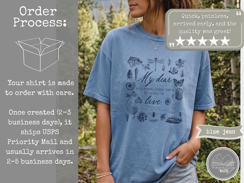 Pu&ograve; includere: Una t-shirt color blu jeans con una stampa grafica blu scuro di vari insetti, piante e il testo: My dear you have come here to learn to live. Charlotte Mason. La maglietta presenta un girocollo e maniche corte, mostrando un design ispirato alla natura.