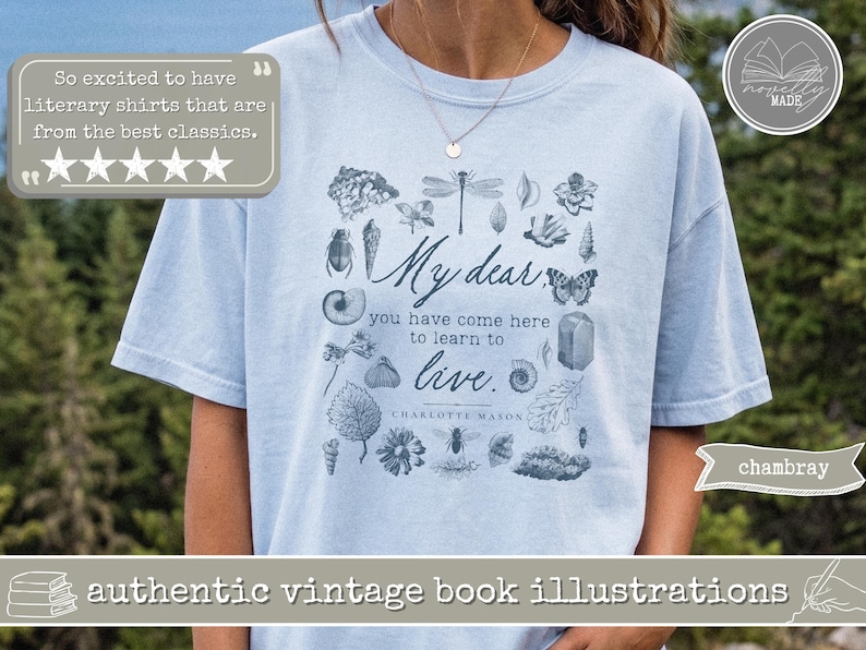 Pu&ograve; includere: Una t-shirt a maniche corte color azzurro con una stampa grafica blu scuro di varie illustrazioni naturalistiche, tra cui insetti, conchiglie e foglie. Il testo recita, My dear, you have come here to learn to live. Charlotte Mason.