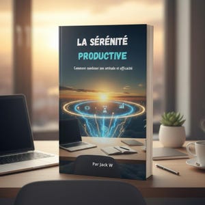Peut inclure: Un livre intitulé "LA SÉRÉNITÉ PRODUCTIVE" avec le sous-titre "Comment combiner zen attitude et efficacité" est présenté sur un bureau. La couverture présente une illustration numérique d'un lever de soleil avec un design circulaire lumineux. Un ordinateur portable, un bloc-notes, un stylo et une petite plante sont également sur le bureau.