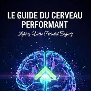 Może przedstawiać: Cyfrowa ilustracja stylizowanego mózgu z zieloną strzałką skierowaną w górę. Obraz ma ciemnoniebieskie tło z białym tekstem: "LE GUIDE DU CERVEAU PERFOMANT" i "Libérez Votre Potentiel Cognitif".