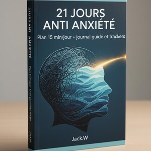 May include: A book titled "21 JOURS ANTI ANXIÉTÉ" with a teal and navy blue cover. The cover features a stylized human profile with a brain-like design and the text "Plan 15 min/jour + journal guidé et trackers". The author's name, Jack.W, is also visible.