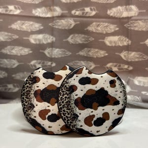 Cow Print and Leopard Print Car Coasters, Set of 2
