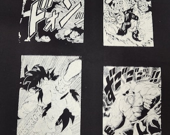 May include: Black fabric with four white and black manga panels. Each panel shows action scenes with dynamic lines and Japanese sound effects. The panels depict characters in combat poses, with bold, graphic imagery.