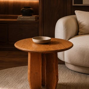Round Sculptural Solid Wood Side Table, Accent Modern End Table