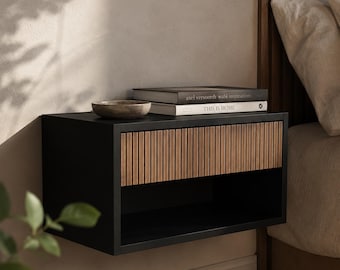 Zwevend nachtkastje van gegroefd walnotenhout, modern wandnachtkastje met lade
