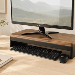 Handmade Walnut Monitor Stand – Black Wood Base – Minimalist Desk Riser