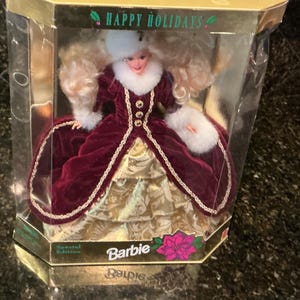 Barbie Edición Especial Felices Fiestas 1994, Vestido Dorado de Piel Sintética, NIB