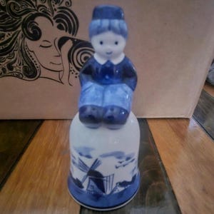 Vintage Delft Blue Bell with Dutch Boy – Hand Painted Holland Ceramic Windmill Scene – Blue White Pottery Collectible