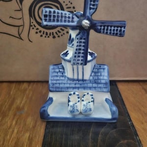 Vintage Delft Blue Windmill with Miniature Clogs – Hand Painted Holland Ceramic – Dutch Blue White Pottery Collectible