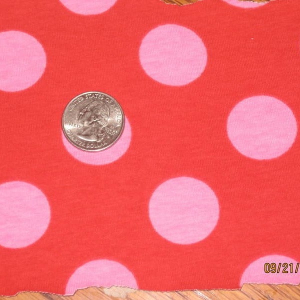 Awesome Euro Pink French Polka Dot on Red Cotton Interlock Knit Fabric