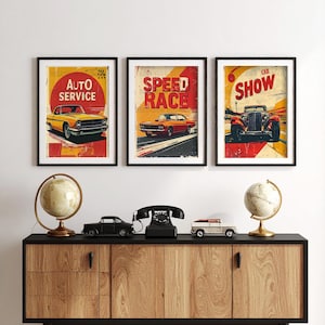 Retro Vintage Car Poster Set – Classic Hot Rod, Muscle Car & Coupe Wall Art, Automotive Illustration Prints for Garage or Man Cave Decor