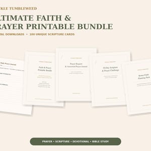 Paquete imprimible de diario de oración cristiana / Planificador de fe, diario de estudio bíblico, reto de oración de 30 días, 100 tarjetas con versículos bíblicos