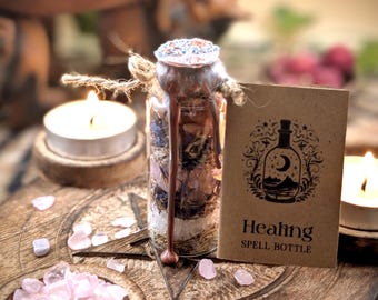 Healing Spell Bottle with Crystals & Herbs: Handmade Magick Talisman, Witchy Gift
