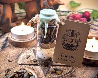 Handmade Focus Spell Bottle: Tiger's Eye, Juniper & Sage Intention Tool