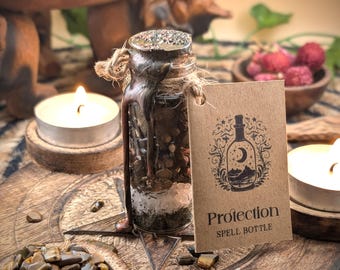 Protection Spell Bottle with Crystals & Herbs: Handmade Magick Talisman, Witchy Gift