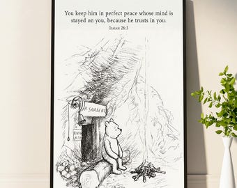 Isaiah 26:3 Bible Verse Print, Black White Sketch Wall Art, Christian Encouragement Poster, Peace Faith Scripture Artwork