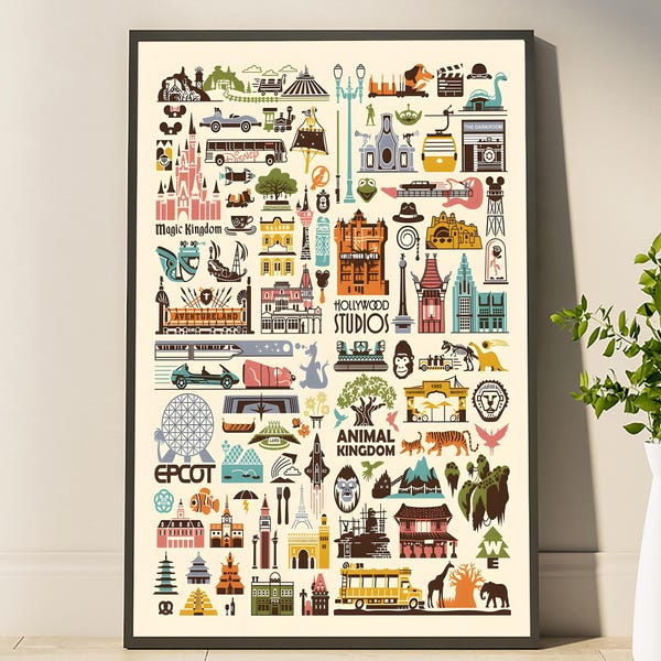 Disney Parks Icons Poster, Theme Park Travel Wall Art, Magic Kingdom EPCOT Hollywood Studios Print, Disney Vacation Souvenir Decor