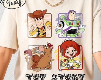 Woody & Buzz Friends T-Shirt, Cartoon Character Collage Graphic Tee, “EST. 1995” Vintage Typography Shirt, Unisex Casual
