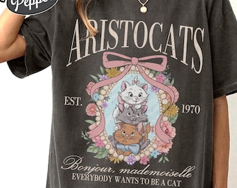 Camiseta vintage de Los Aristogatos, camiseta con estampado de Marie Cat, camiseta inspirada en Disney de Coquette, regalo para amantes de los gatos con lazo rosa, camiseta retro extragrande lavada