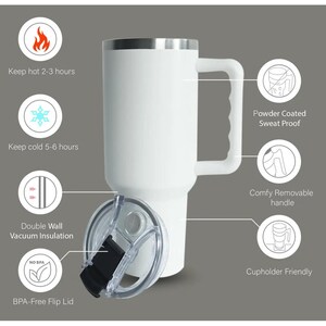 May include: A white insulated travel mug with a handle and a clear lid. The mug has a silver rim and is labeled as BPA-free. Features include double-wall vacuum insulation, a comfy removable handle, and cupholder-friendly design. Keeps drinks hot for 2-3 hours and cold for 5-6 hours.