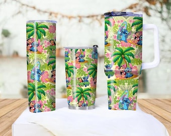 Stitch And Lilo Tumbler Cup 40oz Cute Alien Coffee Mug Gift Colorful Floral Stitch Travel Cup Insulated Disney Inspired Tumbler