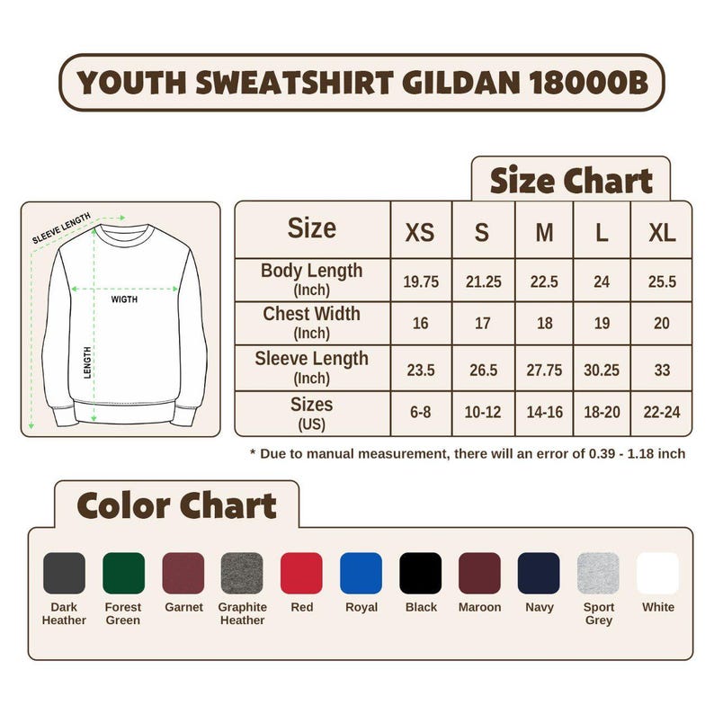 Puede incluir: Tabla de tallas para una sudadera juvenil, con medidas en pulgadas. La tabla incluye largo del cuerpo, ancho del pecho y largo de la manga para tallas XS a XL. Una carta de colores muestra opciones como gris oscuro, verde bosque y rojo.