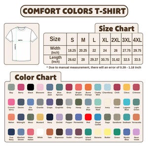 Puede incluir: Tabla de tallas de camisetas Comfort Colors con medidas en pulgadas. La tabla incluye tallas S a 4XL, con un ancho que va de 46,36 a 75,57 cm y una longitud de 67,62 a 85,1 cm. Una carta de colores muestra varios colores.