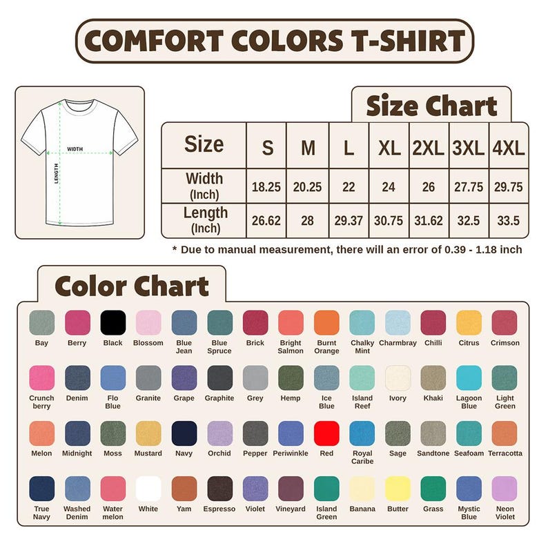 Puede incluir: Tabla de tallas de camisetas Comfort Colors con medidas en pulgadas. La tabla incluye tallas S a 4XL, con un ancho que va de 46,36 a 75,57 cm y una longitud de 67,62 a 85,1 cm. Una carta de colores muestra varios colores.
