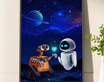 Charming Robot Love Poster Colorful Space Themed Wall Art Celebrate Friendship With Wall E And EVE