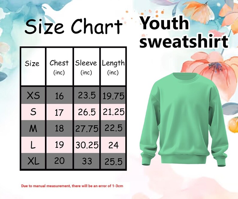 K&ouml;nnte beinhalten: Ein mintgr&uuml;nes Sweatshirt f&uuml;r Jugendliche mit Rundhalsausschnitt. Das Bild enth&auml;lt eine Gr&ouml;&szlig;entabelle mit Ma&szlig;en in Zoll f&uuml;r Brust, &Auml;rmel und L&auml;nge. Die Gr&ouml;&szlig;entabelle reicht von XS bis XL.